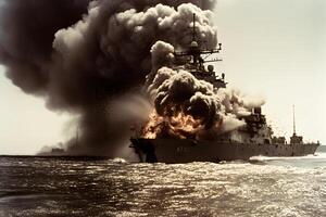 AI generated War concept. Night battle scene at sea. warship on fire. Neural network AI generated photo