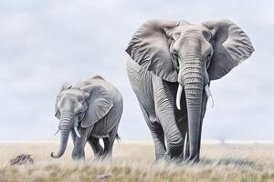 ai generado manada de elefantes en África caminando mediante el césped. neural red ai generado foto