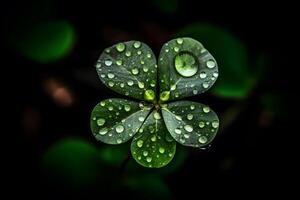 AI generated Four-leaf clover with drops. Neural network AI generated photo