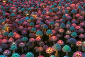 AI generated Magic and fairy neon mushrooms. Neural network AI generated photo