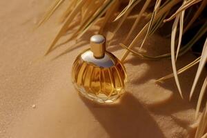 AI generated A bottle of perfume on the seashore is enveloped in a wave. Yellow sand on the beach, marine cosmetics and fragrance. Neural network AI generated photo