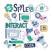 Programming mural in doodle style designed with various development elements vector