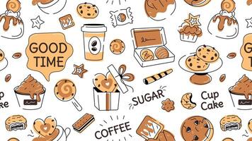 Doodle style cookie pattern depicting various types of bakery food and confectionery items vector