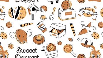 Doodle style cookie pattern depicting various types of bakery food and confectionery items vector