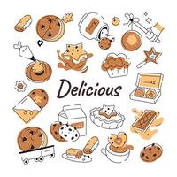 A doodle style cookie vector depicting various types of bakery food and confectionery items