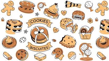 Doodle style cookie pattern depicting various types of bakery food and confectionery items vector