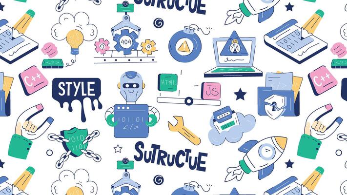 Hand drawn vector showing concepts of programming services, code errors, and development process