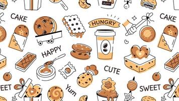 Doodle style cookie pattern depicting various types of bakery food and confectionery items vector