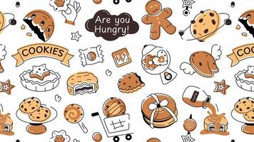 Doodle style cookie pattern depicting various types of bakery food and confectionery items vector