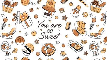 Doodle style cookie pattern depicting various types of bakery food and confectionery items vector