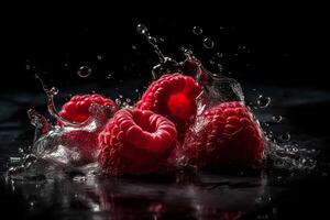 AI generated Raspberries and water splash on dark background. Neural network AI generated photo