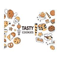 A doodle style cookie vector depicting various types of bakery food and confectionery items