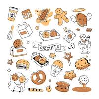 A doodle style cookie vector depicting various types of bakery food and confectionery items