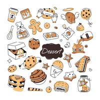 A doodle style cookie vector depicting various types of bakery food and confectionery items