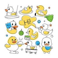 A doodle duck vector showcasing cute rubber ducks, shower toys, and baby chickens