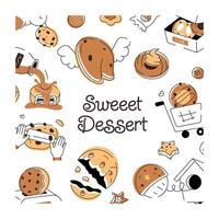 A doodle style cookie vector depicting various types of bakery food and confectionery items