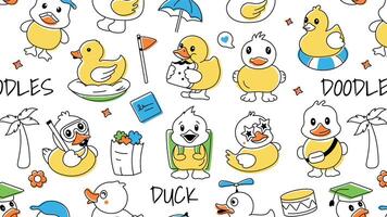 A playful doodle pattern designed with various toy ducks, shower playthings and fluffy chickens vector