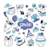 Birthday vector in doodle style with celebration elements, food items, and firecrackers