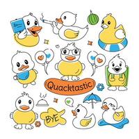 A doodle duck vector showcasing cute rubber ducks, shower toys, and baby chickens