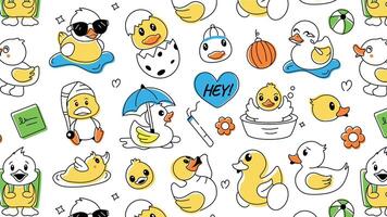Seamless duck pattern showcasing cute rubber ducks, shower toys, and baby chickens vector