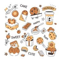 A doodle style cookie vector depicting various types of bakery food and confectionery items