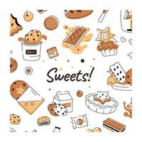 A doodle style cookie vector depicting various types of bakery food and confectionery items