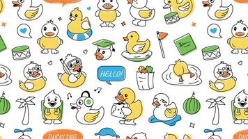 A playful doodle pattern designed with various toy ducks, shower playthings and fluffy chickens vector