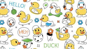 A playful doodle pattern designed with various toy ducks, shower playthings and fluffy chickens vector