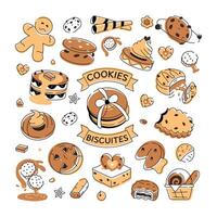 A doodle style cookie vector depicting various types of bakery food and confectionery items