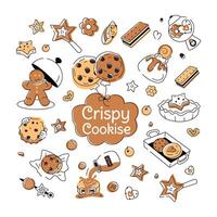 A doodle style cookie vector depicting various types of bakery food and confectionery items