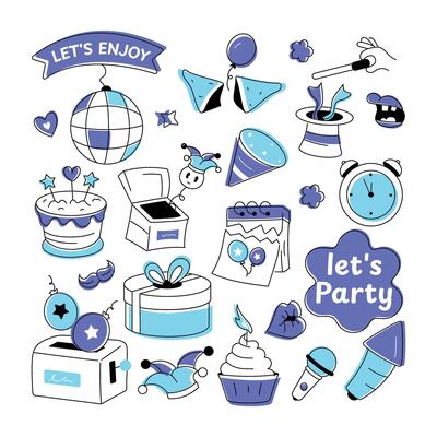 Birthday vector in doodle style with celebration elements, food items, and firecrackers