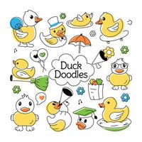 A doodle duck vector showcasing cute rubber ducks, shower toys, and baby chickens