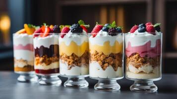 AI generated Collection of parfait desserts or snacks in glasses. Neural network AI generated photo