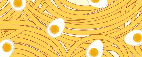 Noodle Ramen Pattern with egg background. Pasta food texture spaghetti geometric. Abstract ramen ornament. Flat vector illustration. Wave texture background