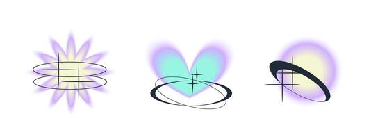 Gradient Y2k shape blur set. Flower, planet, heart blurry aesthetic y2k. Vector pastel form illustration. Aura gradient shape