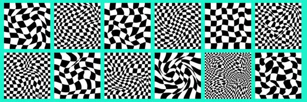 Checkerboard psychedelic pattern set black and white. Checkerboard background y2k retro grid. Psychedelic texture vector illustration.