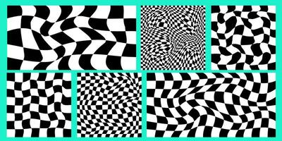 Checkerboard psychedelic pattern set black and white. Checkerboard background y2k retro grid. Psychedelic texture vector illustration.