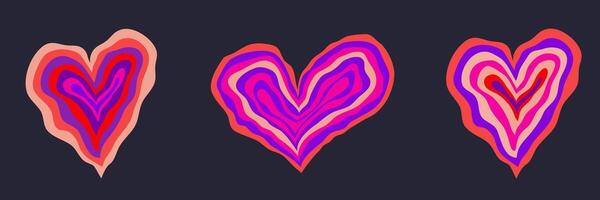 Psychedelic Heart set for valentines day. Retro tunnel psychedelic heart. Vector illustration