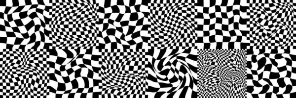 Checkerboard psychedelic pattern set black and white. Checkerboard background y2k retro grid. Psychedelic texture vector illustration.