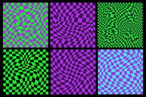 Checkerboard psychedelic pattern set black and white. Checkerboard background y2k retro grid. Psychedelic texture vector illustration.