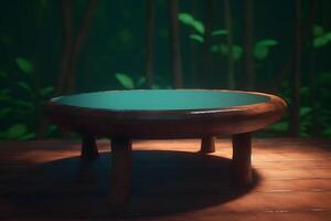 AI generated Jungle table background. Interior table for a cosmetic item against the backdrop of tropical plants, palms and jungle. Neural network AI generated photo