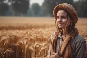 ai generado retrato de un niña en contra el antecedentes de espiguillas de trigo. neural red ai generado foto