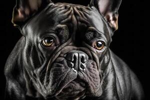 ai generado retrato de perro francés buldog en negro antecedentes. neural red ai generado foto