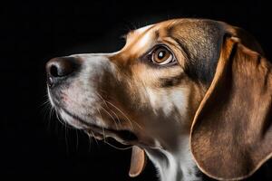 ai generado beagle perro en retrato en contra negro antecedentes. neural red ai generado foto