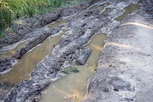 Muddy tracks with puddles on wet muddy surface in forest path photo