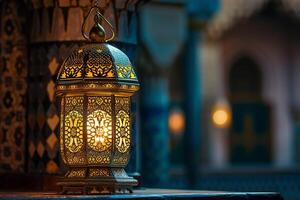 ai generado florido Ramadán linterna y un ornamental marco foto