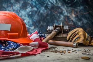 AI generated Labor Day Still Life with American Flag and Work Items. National Safety Day photo