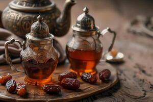 ai generado tradicional Arábica té conjunto y seco fechas foto