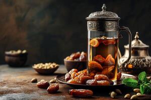 AI generated Ramadan food and drinks concept. Ramadan tea and dates fruits on dark background photo