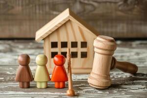 ai generado de madera estatuillas de padres y niños estar en mesa cerca juguete casa y jueces martillo foto